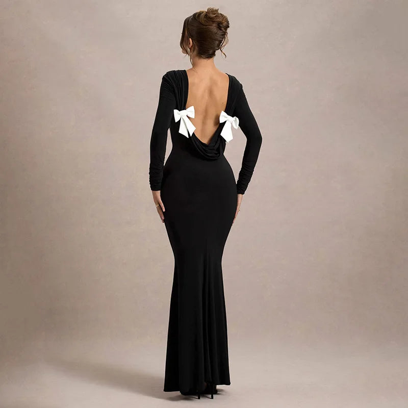 Elegant Backless Bows Maxi Dress Female Chic Bodycon Long Sleeve Club Party Outfits Fashion Black Dresses Vestido Ladies