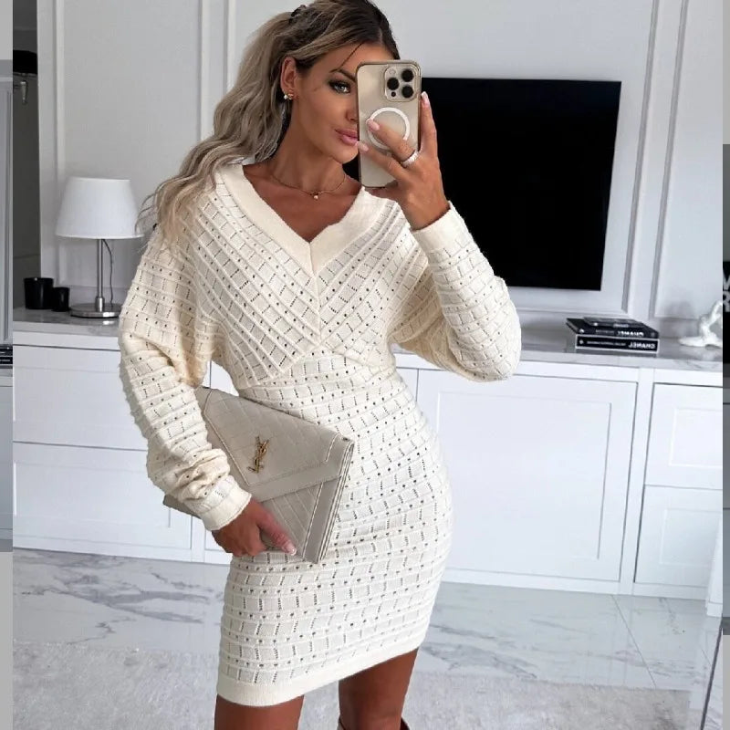 Fall V Neck Hollow Dress Women's Solid Color Long Sleeve Knit Hip Cover Dress Elegant High Waist Streetwear Mini Dress