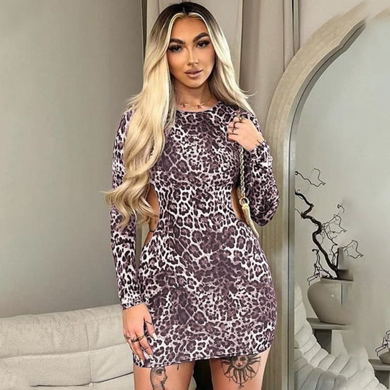 Leopard Print Backless Lace Up Mini Dress Women's Sexy Long Sleeve Hollow Bandage Bodycon Dress Retro Dress Partywear