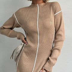 Elegant Line Knitted Dress For Women Slim Fit Hip-Covering Long Sleeve Round Neck Long Dresses  Autumn Commuting NewChristmas Gifts