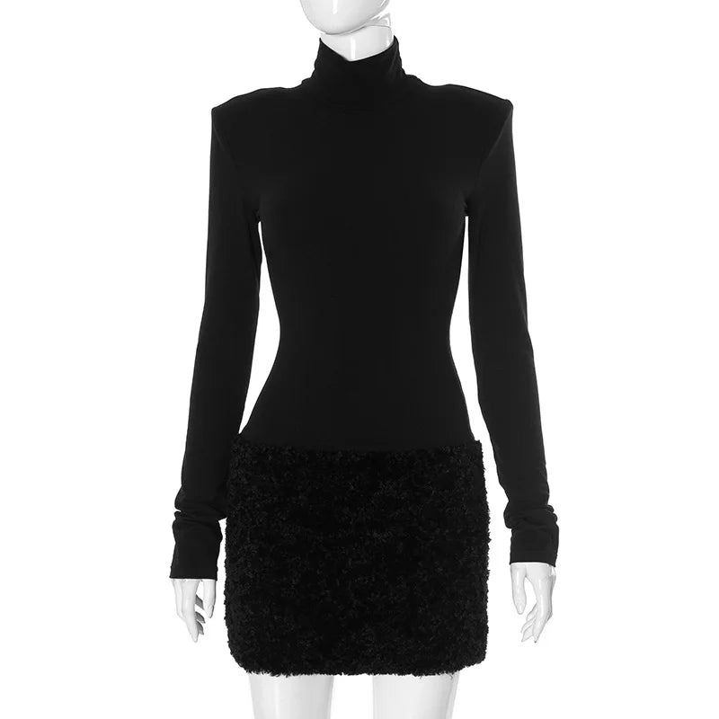 Turtleneck Long Sleeve Furry Mini Dress Female High Waist Splice Elegant Holiday Party Dress Ladies Slim Outfits 2025 NewChristmas Gifts