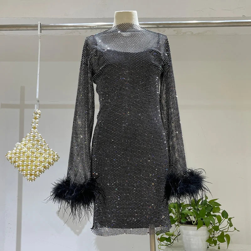 Weave Shiny Rhinestone Mini Dress Women Fashion Sexy See Through Cover-up Dresses Casual Loose Club Luxury Dress LadiesChristmas Gifts