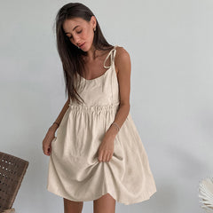 Fashion Vacation Loose Cotton Linen Slip Dress For Women Lace Up Splice Hot Girl Sexy Dress Party Spaghetti Strap Dress