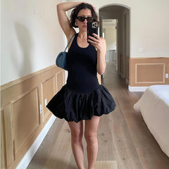 Fashion Knitted Vest Patchwork Dress For Women Sleeveless High Waisted Backless Solid Color Folds Summer Commuting Dress