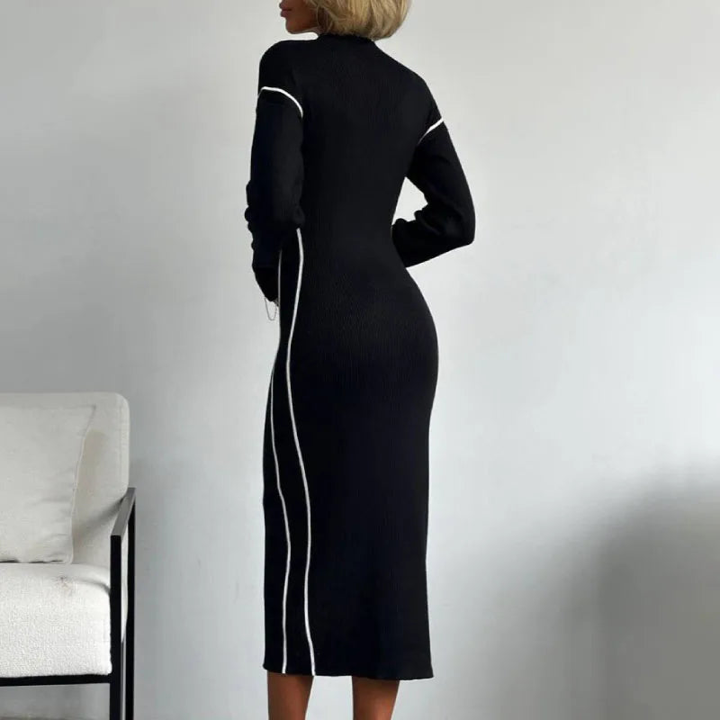 Elegant Line Knitted Dress For Women Slim Fit Hip-Covering Long Sleeve Round Neck Long Dresses  Autumn Commuting NewChristmas Gifts