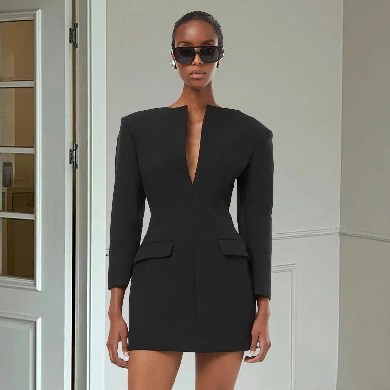 2025 Spring Deep V-neck Suit Short Dress Fake Pockets Line Splice Clothes Black Long Sleeve Bodycon Dress Office LadiesChristmas Gifts