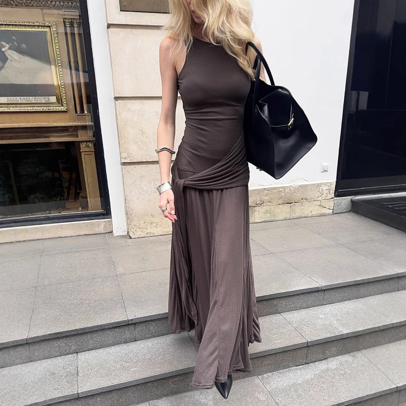 Fashion Ribbon Ruffles Slim Dress For Women Sleeveless Streetwear Long Solid Dress Autumn Lady Club Party Maxi Vest DressChristmas Gifts