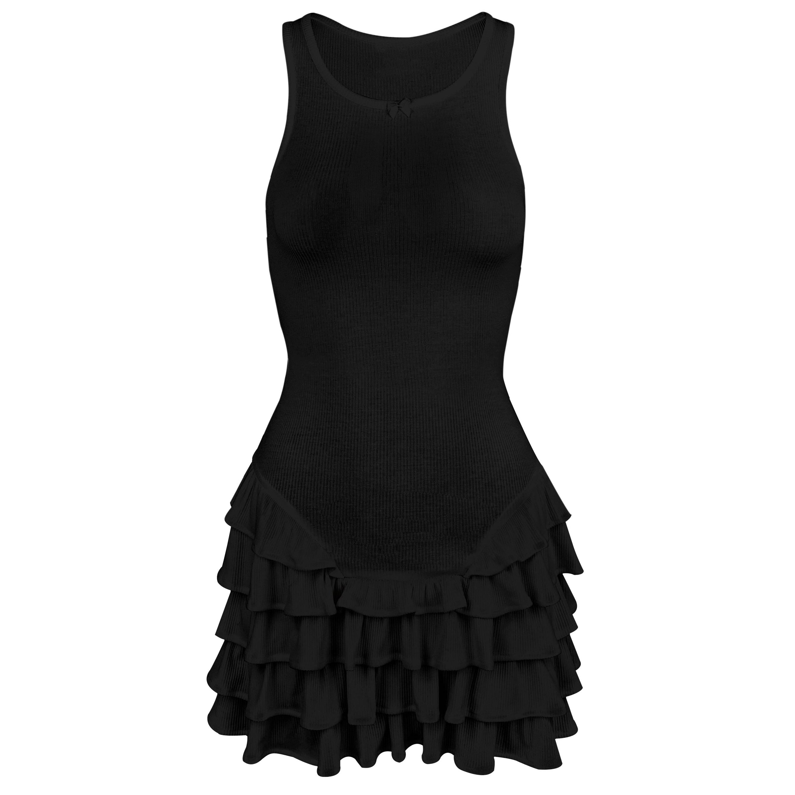 Fashion Ruffle Tiered Vest Dress For Women Club Party Sexy Mini Dress Hot Girl Bow Patchwork Sleeveless Slim Fit Outfits