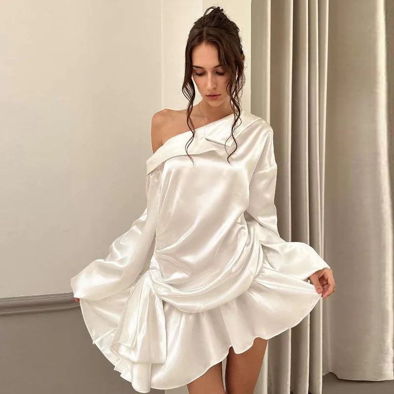 Elegant Draped Mini Dress For Women Sexy Backless Irregular Skew Collar Long Sleeve Party Dresses Solid High WaistChristmas Gifts