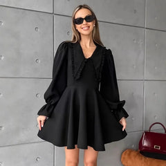 Black Lapel A-Line Mini Dress Women's Fashion Bell Sleeve Slim Patchwork Short Dress Elegant Office Lady Dress Female