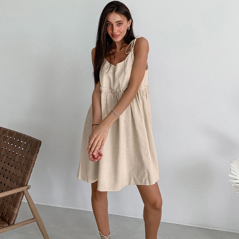 Fashion Vacation Loose Cotton Linen Slip Dress For Women Lace Up Splice Hot Girl Sexy Dress Party Spaghetti Strap Dress