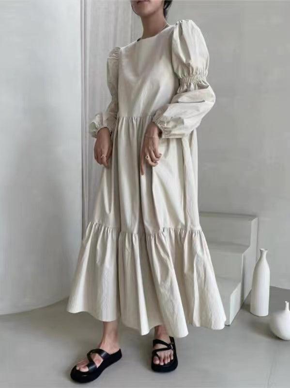 2024 New Fashion Elegant French Pleated Long Puff Sleeve Loose Long Dress