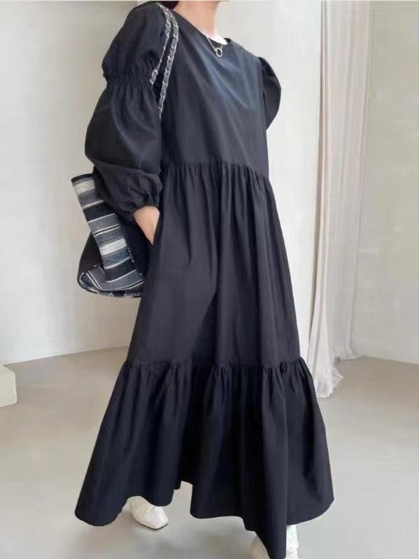2024 New Fashion Elegant French Pleated Long Puff Sleeve Loose Long Dress