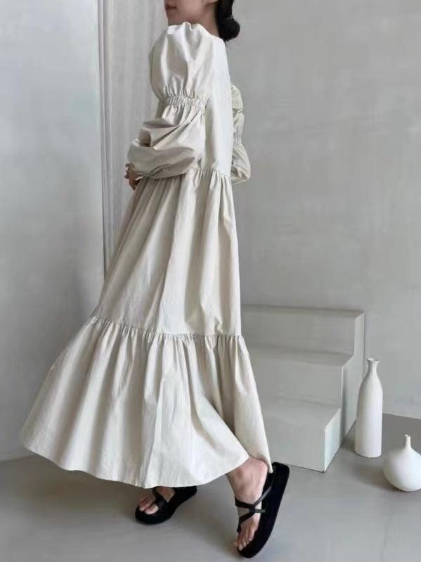 2024 New Fashion Elegant French Pleated Long Puff Sleeve Loose Long Dress