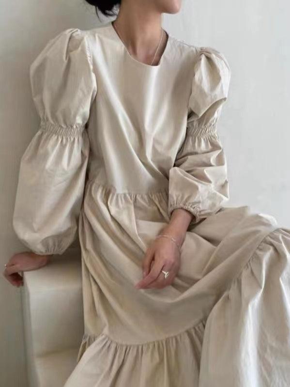 2024 New Fashion Elegant French Pleated Long Puff Sleeve Loose Long Dress