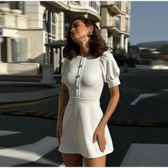 White Slim Mini Dress Women's Elegant Lace Short Sleeve Doll Collar Button-Down Dress Fall Office Commuting A-Line Dress