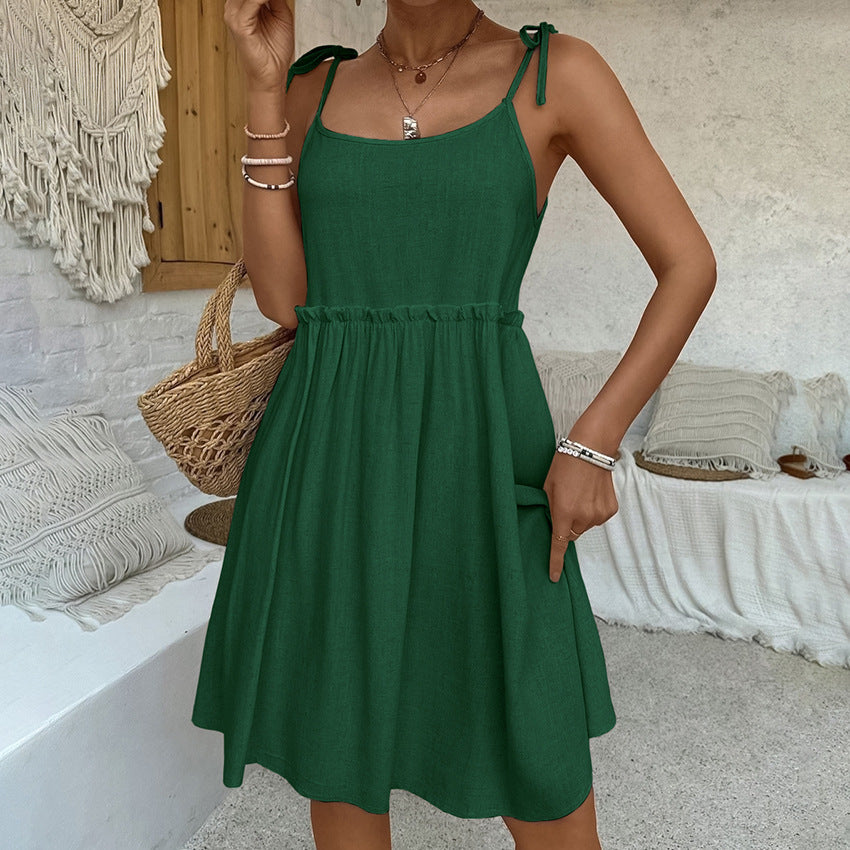 Fashion Vacation Loose Cotton Linen Slip Dress For Women Lace Up Splice Hot Girl Sexy Dress Party Spaghetti Strap Dress