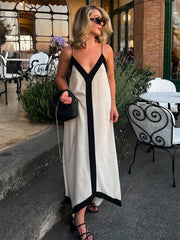 V Neck Backless Maxi Dresses For Women Color Block Slim Sexy Sundress Femme Street Fashion Party Temperament Dress Woman