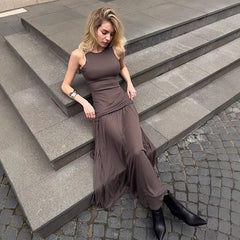 Fashion Ribbon Ruffles Slim Dress For Women Sleeveless Streetwear Long Solid Dress Autumn Lady Club Party Maxi Vest DressChristmas Gifts