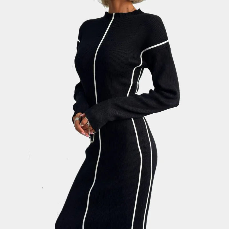 Elegant Line Knitted Dress For Women Slim Fit Hip-Covering Long Sleeve Round Neck Long Dresses  Autumn Commuting NewChristmas Gifts