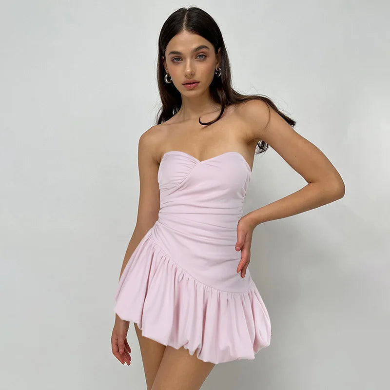 Strapless Folds Dress For Women A-Line Hem Hot Girl Mini Dresses Sleeveless Slim Fit High Waisted Sexy Backless ClothesChristmas Gifts