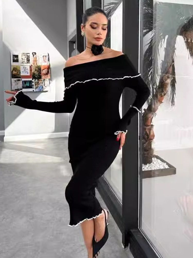 Fall Winter Sexy One-Shoulder Long Knit Dress Slim Elegant Fungus Splice Contrast Color Sweater Female Club Party DressesChristmas Gifts