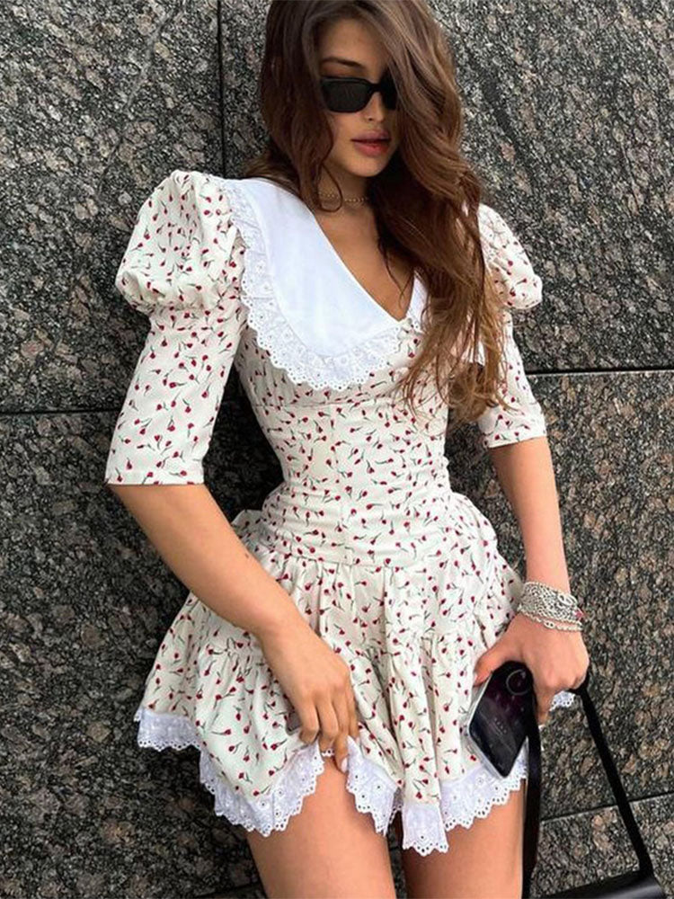 Lace-up Slim Floral Dress Women Elegant Luxury Lace Turn Collar Short Sleeve Folds Dresses Femme Party Retro Dress LadyChristmas Gifts