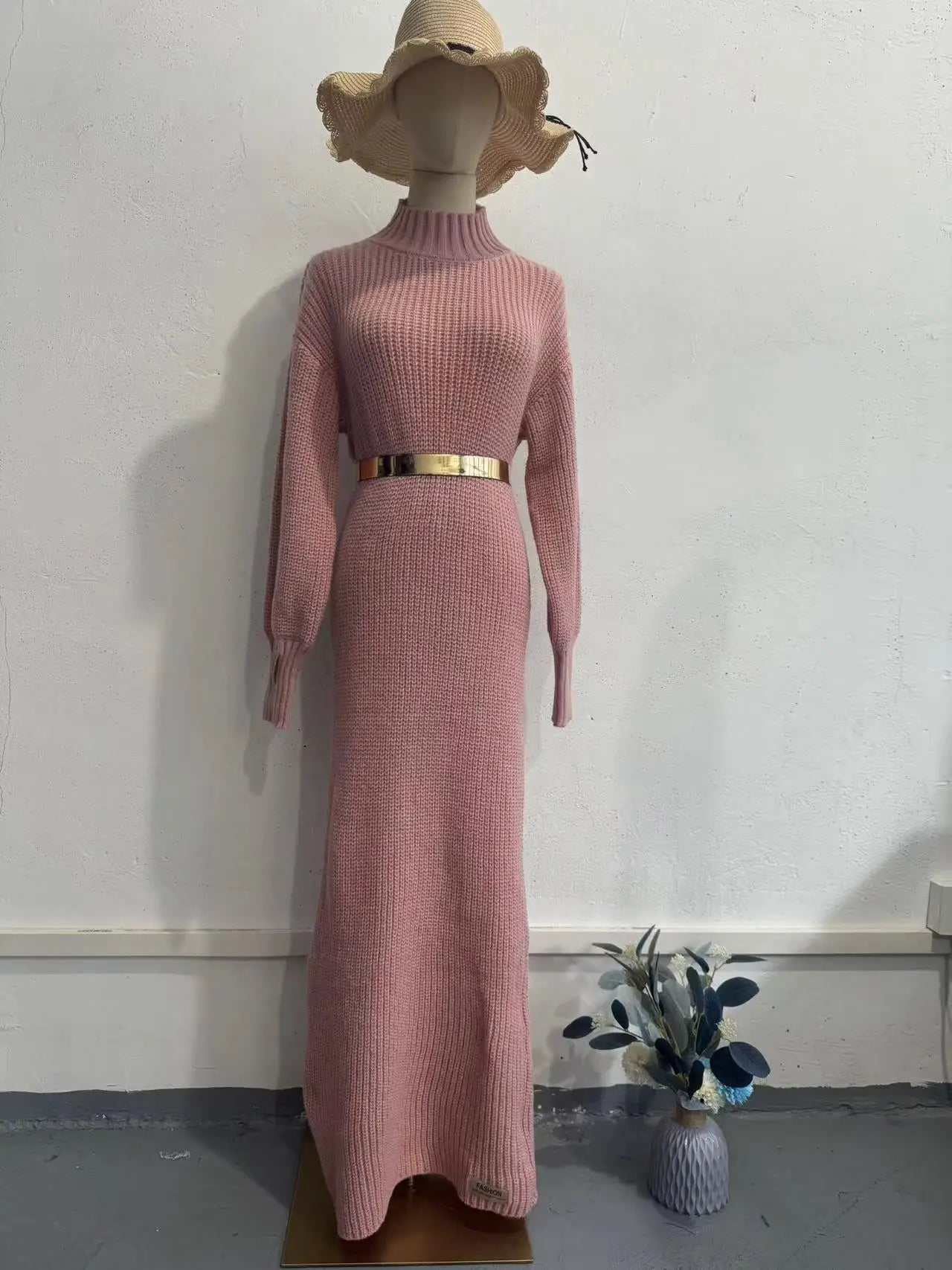 Knitted Long Dress With Belt Women's Turtleneck Pullover Solid Sweater Dresses Fashion Long Sleeve Holiday Party ClothesChristmas Gifts