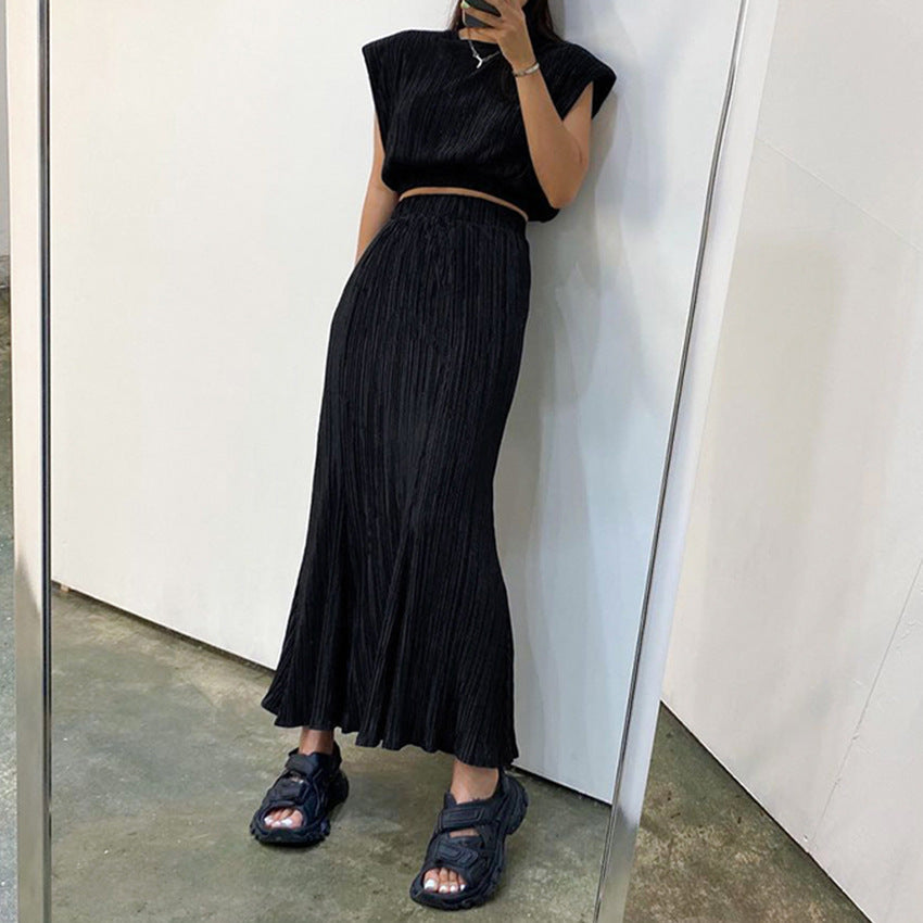 Ribbing Dress Suit For Women 2023 Summer Shoulder Pads Tank Top Temperament High Waist Maxi Skirt 2 Piece Sets Outfits