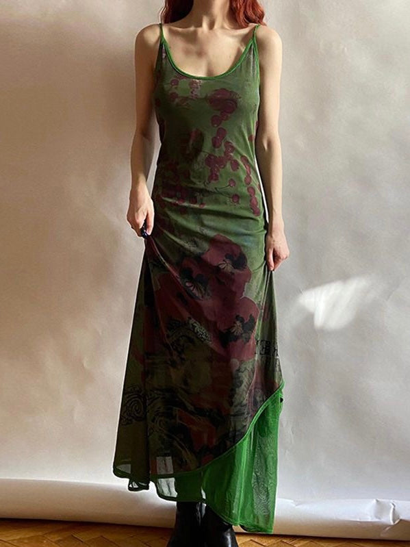 2024 New Fashion Elegant Vintage Green Irregular Slip Long Dress