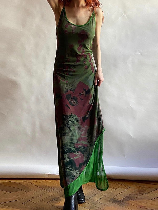 2024 New Fashion Elegant Vintage Green Irregular Slip Long Dress