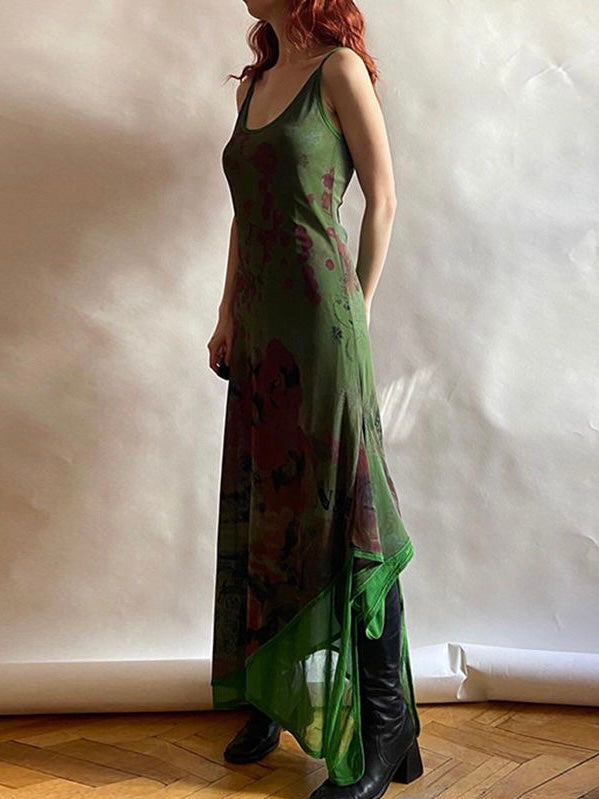 2024 New Fashion Elegant Vintage Green Irregular Slip Long Dress
