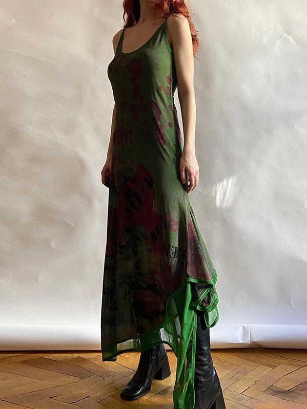 2024 New Fashion Elegant Vintage Green Irregular Slip Long Dress
