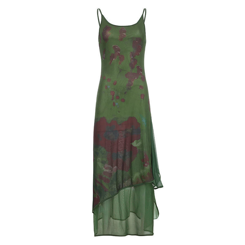 2024 New Fashion Elegant Vintage Green Irregular Slip Long Dress