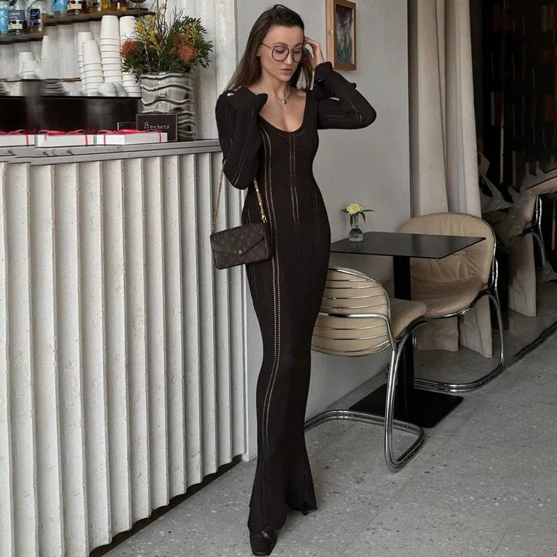 Knitted Backless Long Dress Women's High Waisted V-Neck Bodycon Party Club Dress Elegant Slim Resort Long Dress Female