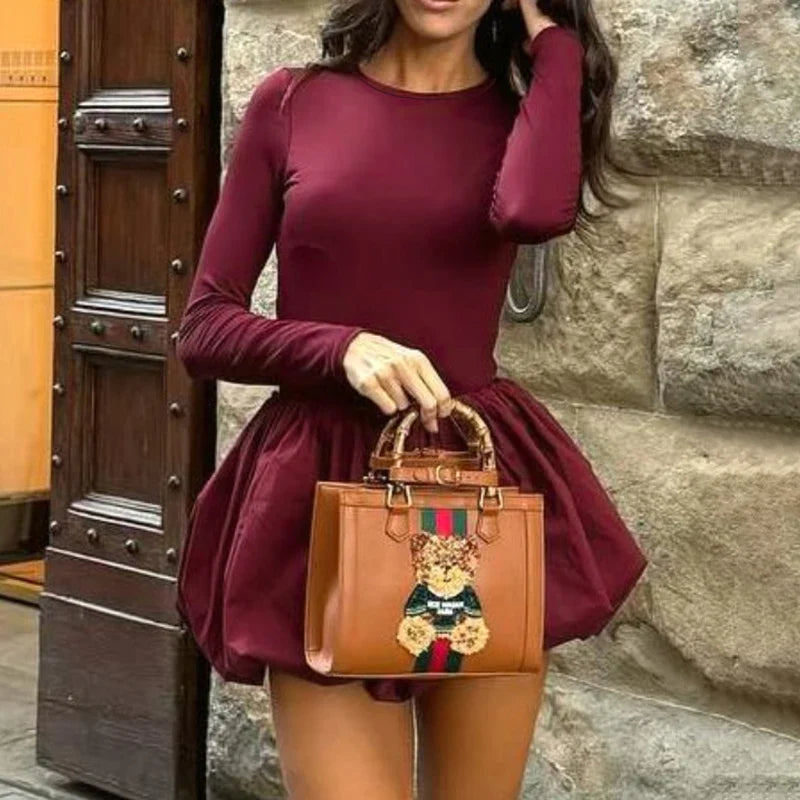 Angora Red Long Sleeve Dress For Women Slim Ball Gown Backless Folds Mini Dress Splice Solid Female Autumn New Christmas Gifts