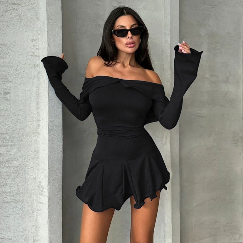 Ruffle Off Shoulder Short Dress Women's Solid Backless Long Sleeve Dress High Street Party Sexy Strapless Mini Dress Y2k