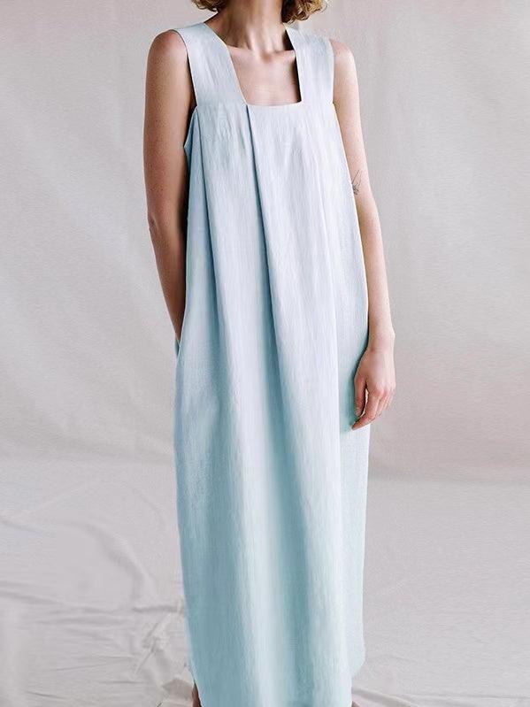 2024 New Fashion Elegant Loose Linen Square Neck Suspender Dress