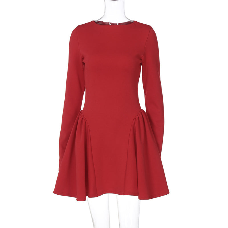 Elegant Bodycon Mini Dress For Women A-line Hem Splice Fashion Red Gown Dress O Neck  Autumn New Long Sleeve DressChristmas Gifts