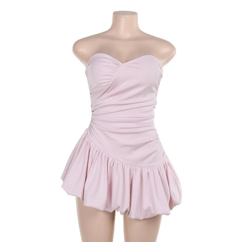 Strapless Folds Dress For Women A-Line Hem Hot Girl Mini Dresses Sleeveless Slim Fit High Waisted Sexy Backless ClothesChristmas Gifts