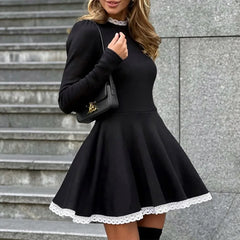 Lace Slim A-Line Mini Dress Women's Elegant Contrast Lace Patchwork Short Dress Luxurious Ruffled High Waist Mini Dress