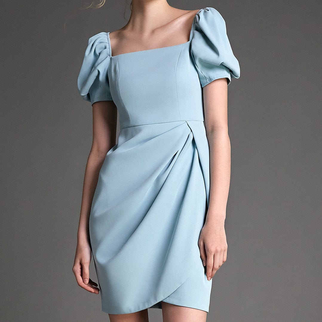 - Light Blue Square Neck Puff Sleeve Mini Dress