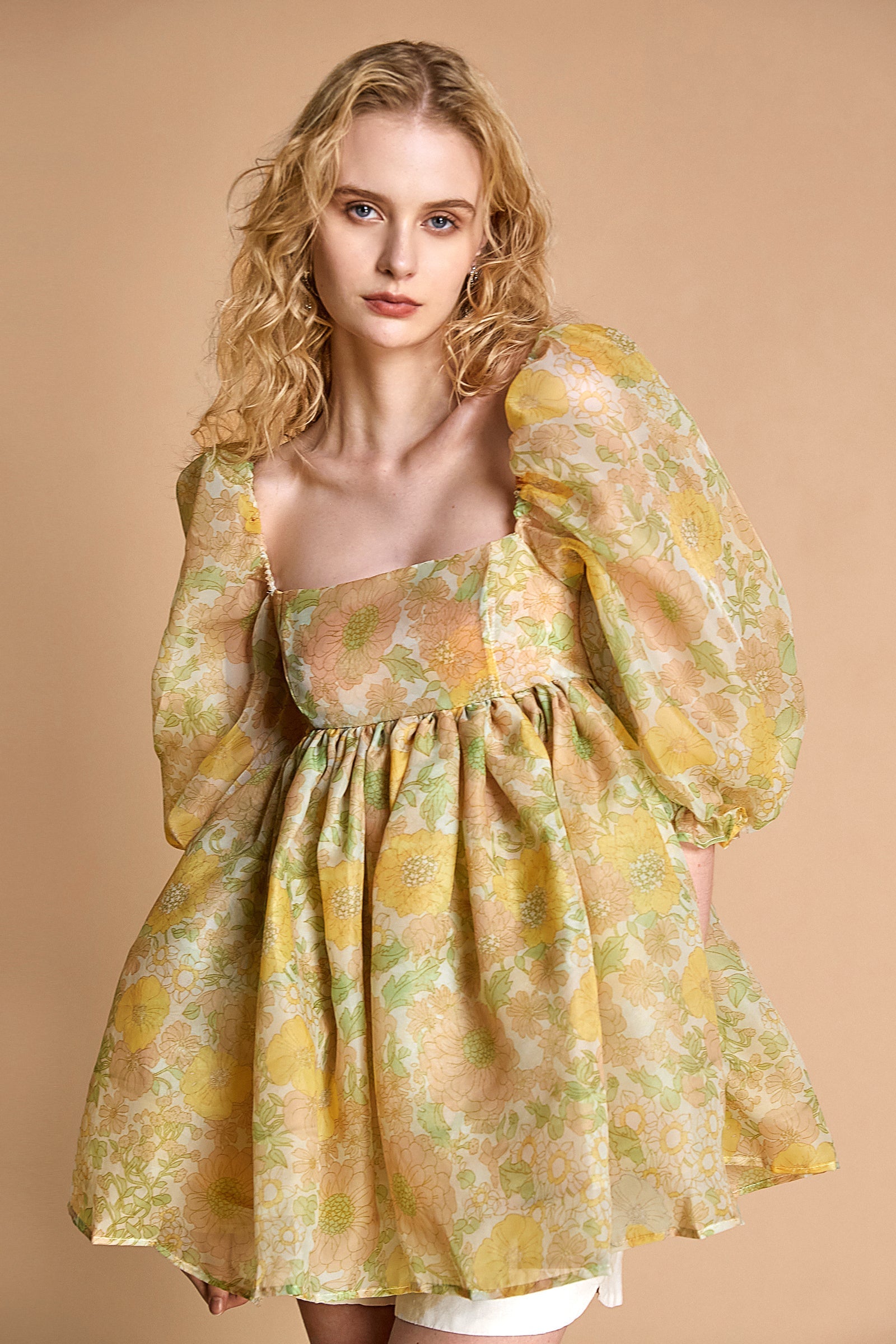 - Lemon Chiffon Floral Print Puff Sleeve Babydoll Smock Mini Dress