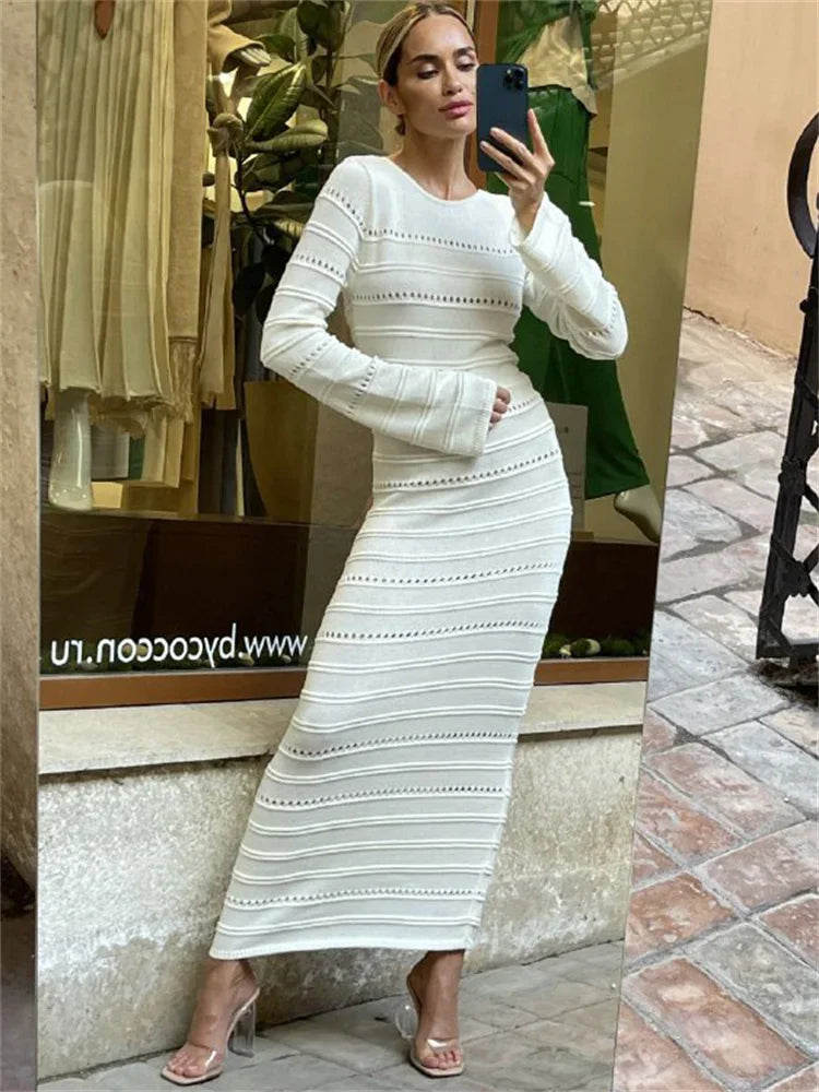 Striped Hollow Two-Wear Knitted Long Dress For Women Fashion Party Club Sweater Dress Vestido FemaleSlim Solid OutfitsChristmas Gifts