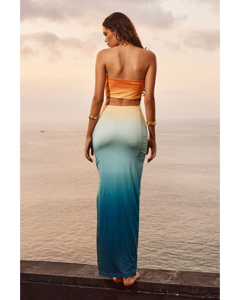 2024ss sexy strapless color-matching beach dress