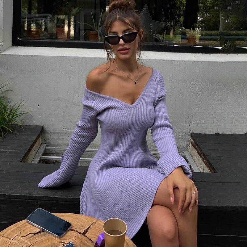 Autumn Winter Sweater Dress Sexy Off-Shoulder Women's A-Line Hem Elegant Rib Knit Mini Dresses Long Sleeve Higt WaistedChristmas Gifts