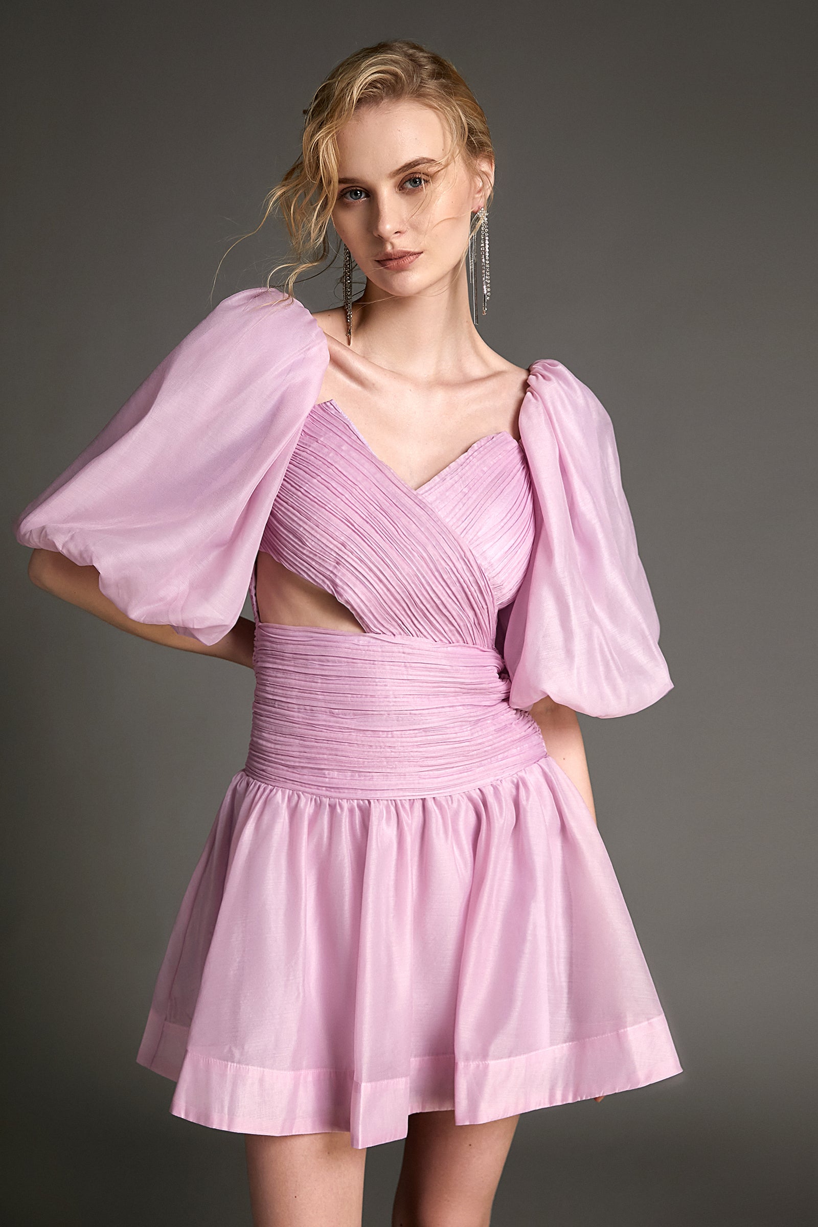 - Pink Organza Off-the-Shoulder Puff Sleeve Cut Out Mini Dress