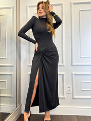 Sexy Slit Ruched Long Dress For Women Fashion Splice Half High Collar Bodycon Dresses Long Sleeve Elegant Party Clothes