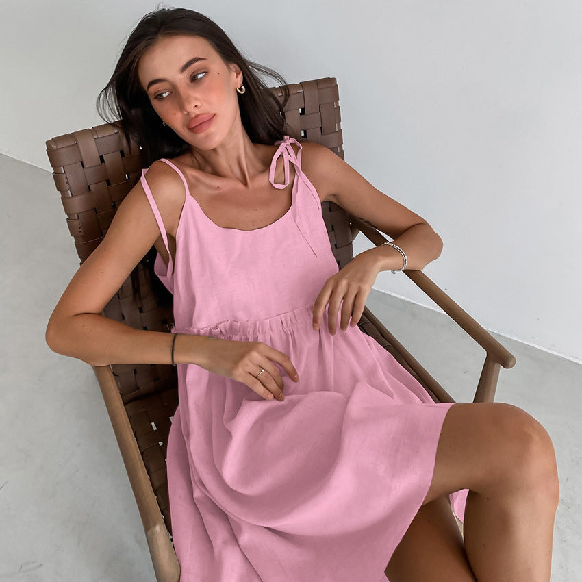 Fashion Vacation Loose Cotton Linen Slip Dress For Women Lace Up Splice Hot Girl Sexy Dress Party Spaghetti Strap Dress