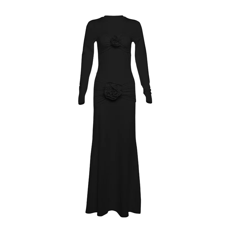 Sexy Slim Ruched Flower Maxi Dress For Women  Long Sleeve Solid Party Streetwear Outfits Elegant High Elasticity DressesChristmas Gifts